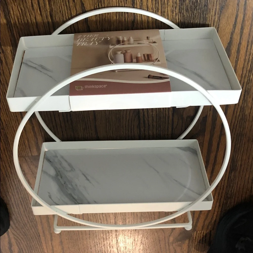 Thinkspace White Marble Two-Tier Vanity Tray with Metal Frame